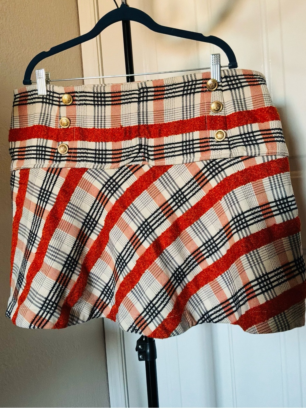 Anthropologie Red, Cream & Black Plaid Skater Skirt with Gold Buttons
